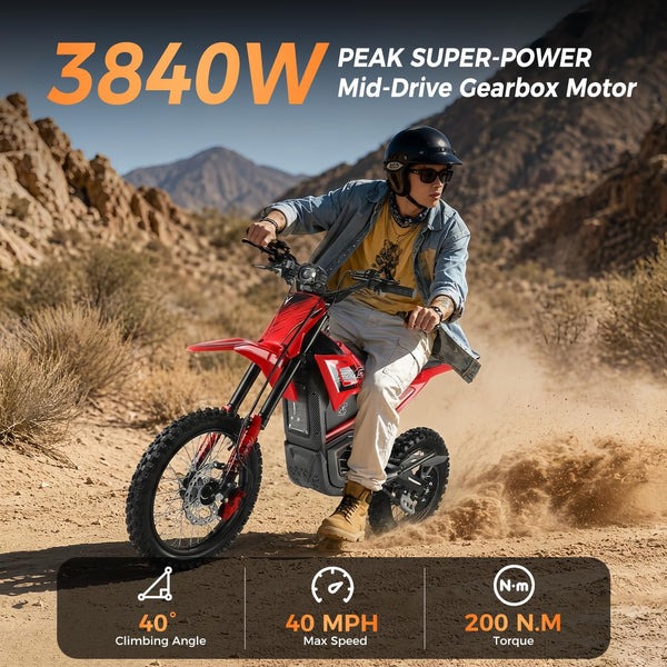 Electric Dirt Bike 3840W 48V for Adults Red | E-Dirt Bike 48V 23.4Ah, 40 MPH, 53-Mile Range, 200N·M Torque, Full Hydraulic Brakes & Dual Suspension
