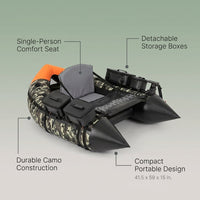Camouflage Inflatable Fishing Float Tube Portable Fishing Boat with 3 Detachable Storage Boxes — infographic