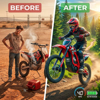 Electric Dirt Bike for Adults &Teens Red | 48V 23.4Ah E-Motorcycle, 40 MPH, 53-Mile Range, 200 N·M Torque, Full Hydraulic Brakes & Suspension — Before & After
