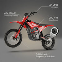 Electric Dirt Bike for Adults &Teens Red | 48V 23.4Ah E-Motorcycle, 40 MPH, 53-Mile Range, 200 N·M Torque, Full Hydraulic Brakes & Suspension — infographic