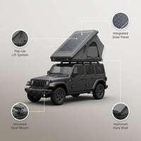 Rooftop Tent Designed for Car Camping, Hard Shell Aluminum Construction, Pop-Up Design, SUV Compatible — infographic