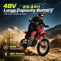 Electric Dirt Bike 3840W 48V 23.4Ah for Adults &Teens Red | 48V 23.4Ah E-Motorcycle, 40 MPH, 53-Mile Range, 200 N·M Torque, Full Hydraulic Brakes & Suspension