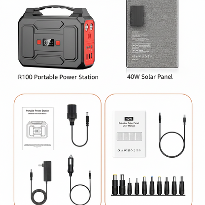 Solar Powered Generator, 100W Portable Power Station with Solar Panels 40W | 146Wh Solar Power Bank with AC Outlet,Usb A,USB C, DC Output, Small Solar Generator for Home Use Outdoor Camping RV Van Trip